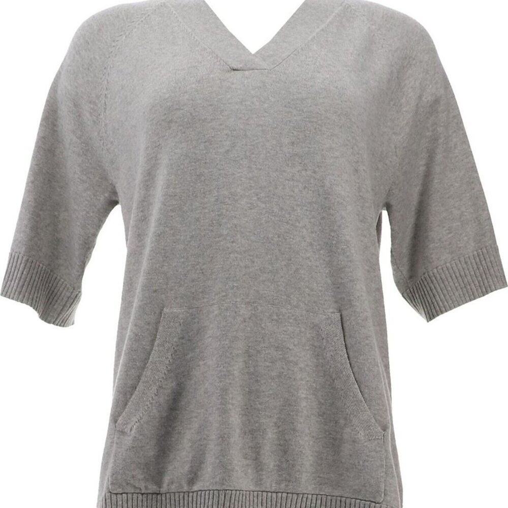 Isaac Mizrahi Short Slv V-Neck Pullover Kangaroo Pocket Sweater Top Sz Lg.